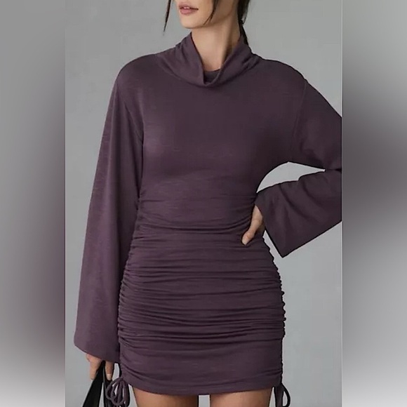 NEW Daily Practice by Anthropologie Long-Sleeve Ruched Mini Dress Plumb Sz XS - Picture 3 of 8
